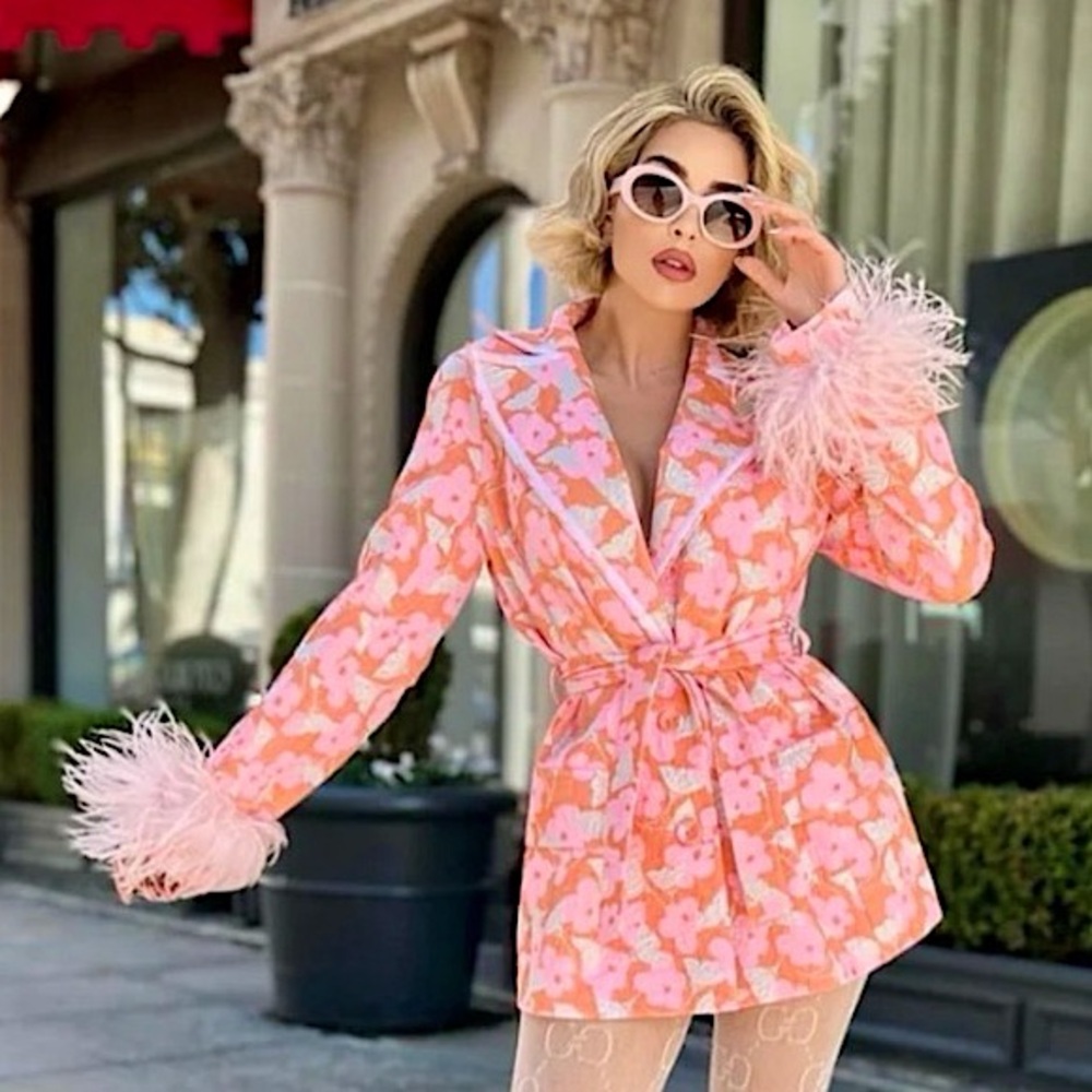 NWT Andreeva Floral Jacquard Blazer w detachable Feather Cuffs S Oversized
